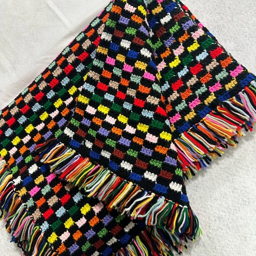 Handmade Crochet Fringe Multicolored Afghan Throw  Blanket 47x65